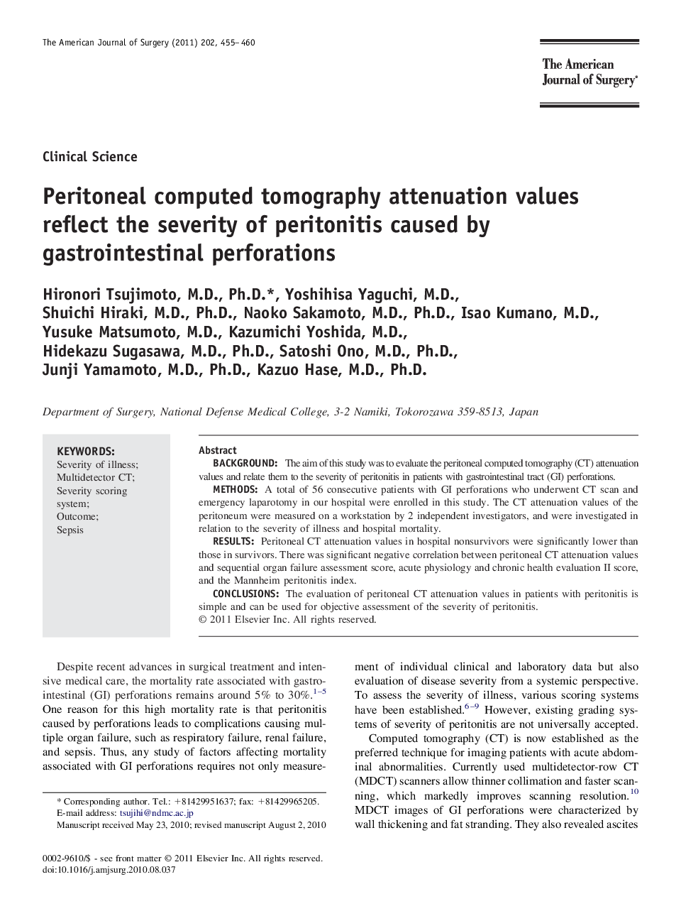 Peritoneal computed tomography attenuation values reflect the severity of peritonitis caused by gastrointestinal perforations