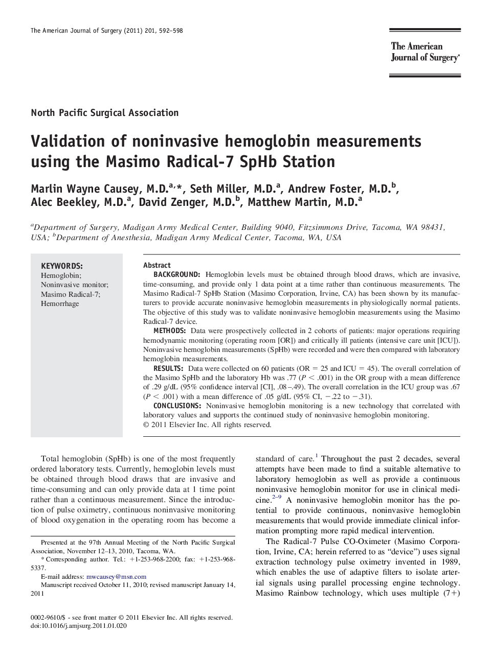 Validation of noninvasive hemoglobin measurements using the Masimo Radical-7 SpHb Station