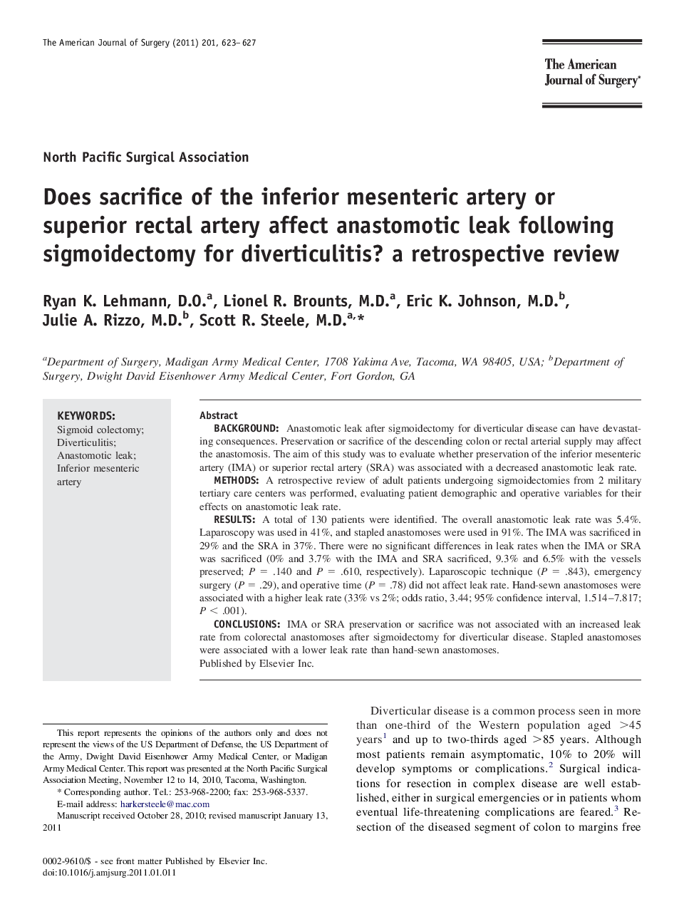 Does sacrifice of the inferior mesenteric artery or superior rectal artery affect anastomotic leak following sigmoidectomy for diverticulitis? a retrospective review 