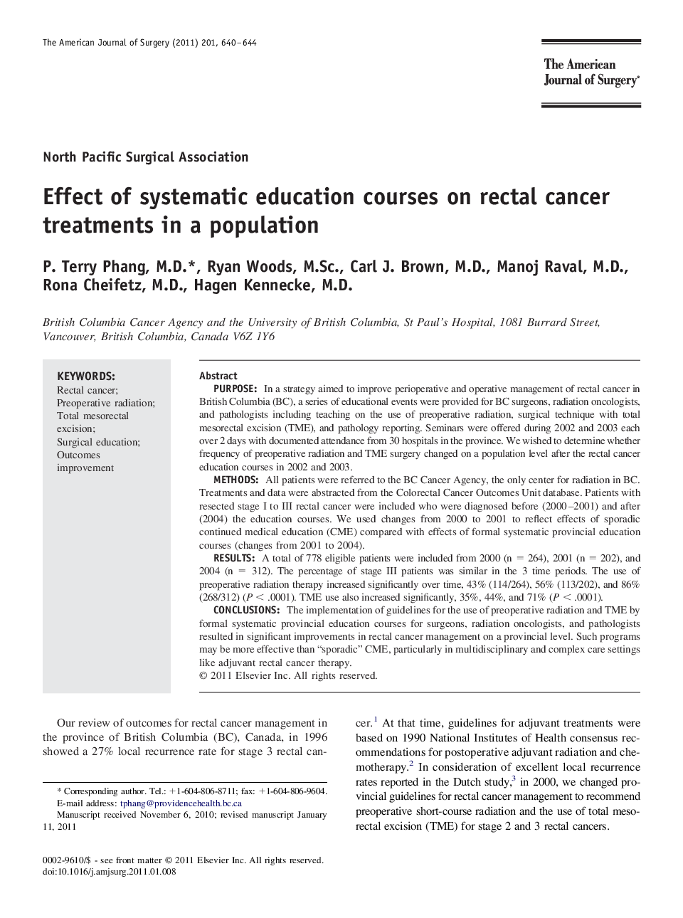 Effect of systematic education courses on rectal cancer treatments in a population