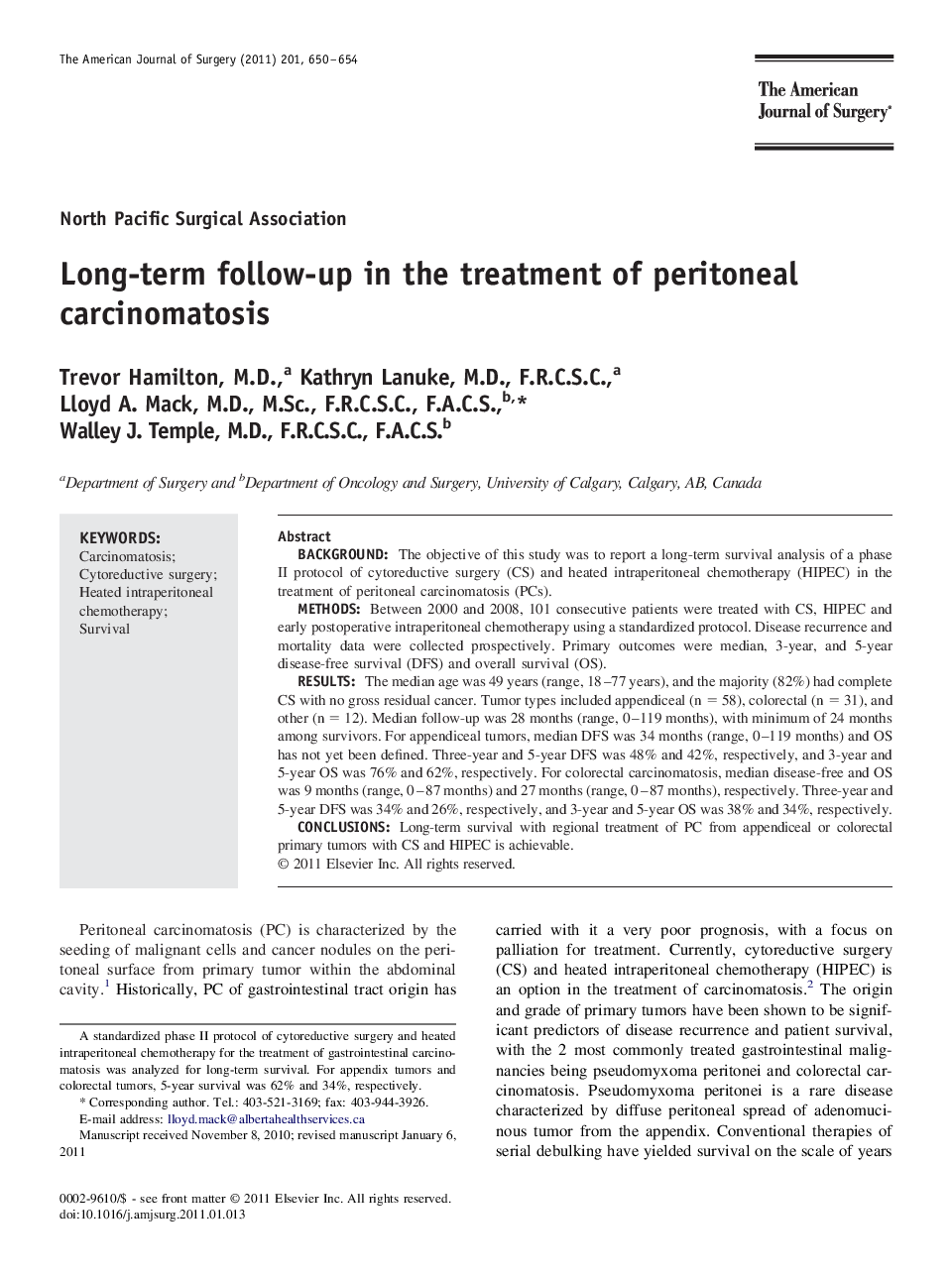 Long-term follow-up in the treatment of peritoneal carcinomatosis 