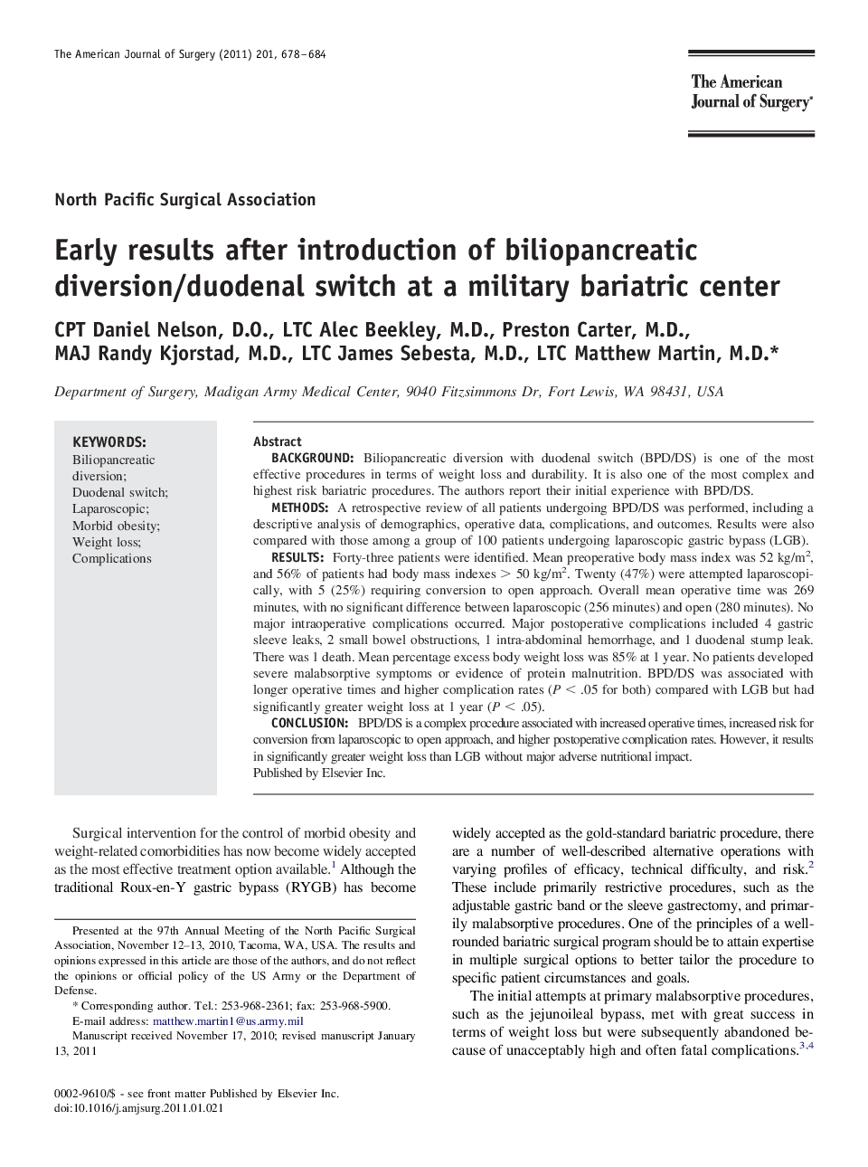 Early results after introduction of biliopancreatic diversion/duodenal switch at a military bariatric center 