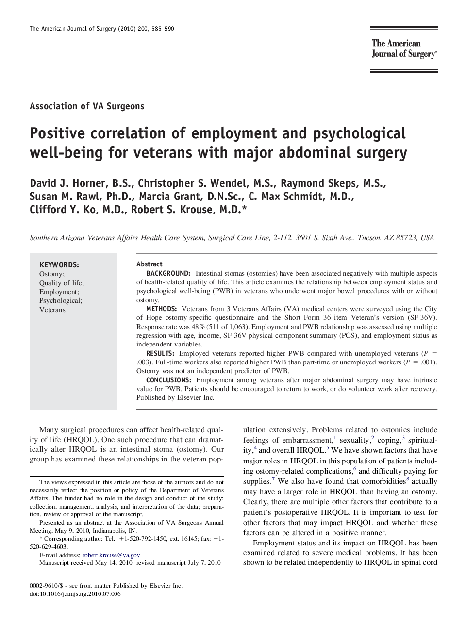 Positive correlation of employment and psychological well-being for veterans with major abdominal surgery 