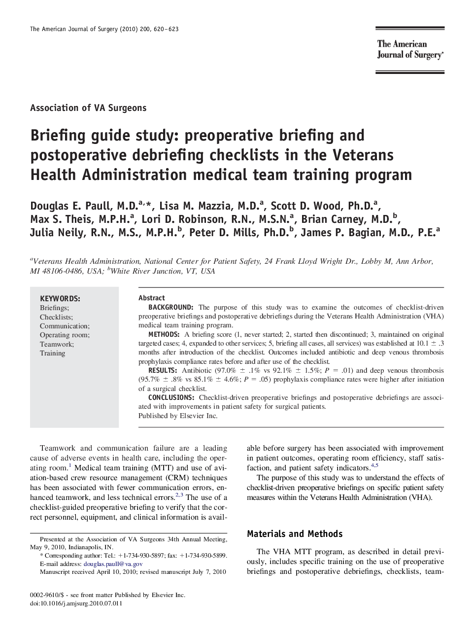 Briefing guide study: preoperative briefing and postoperative debriefing checklists in the Veterans Health Administration medical team training program