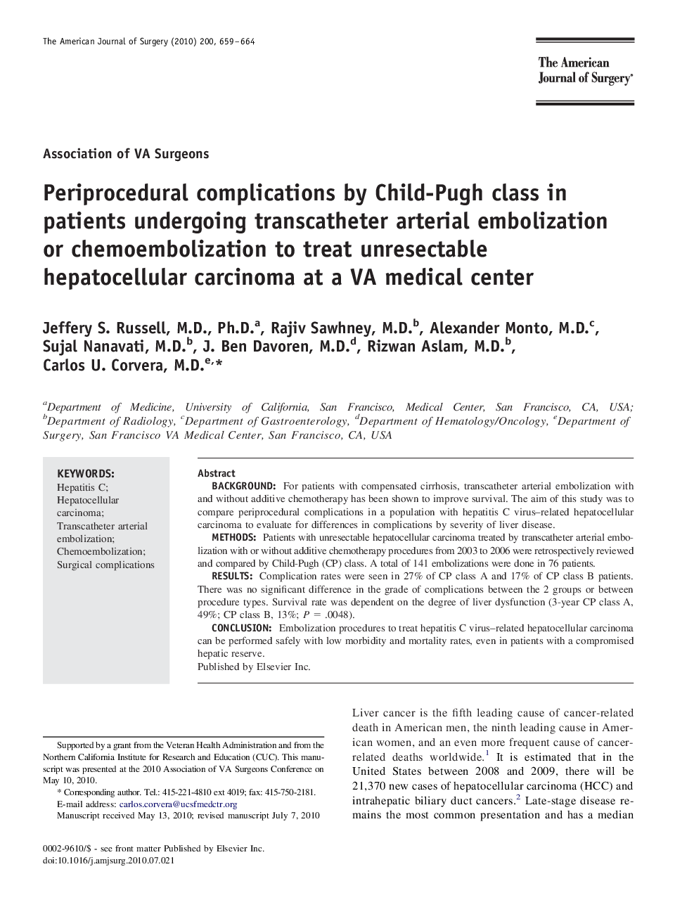 Periprocedural complications by Child-Pugh class in patients undergoing transcatheter arterial embolization or chemoembolization to treat unresectable hepatocellular carcinoma at a VA medical center 