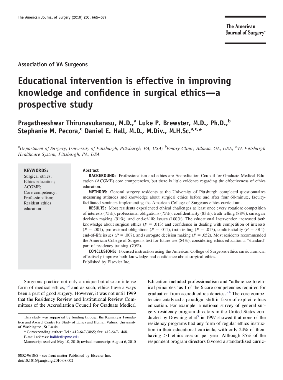 Educational intervention is effective in improving knowledge and confidence in surgical ethics—a prospective study 