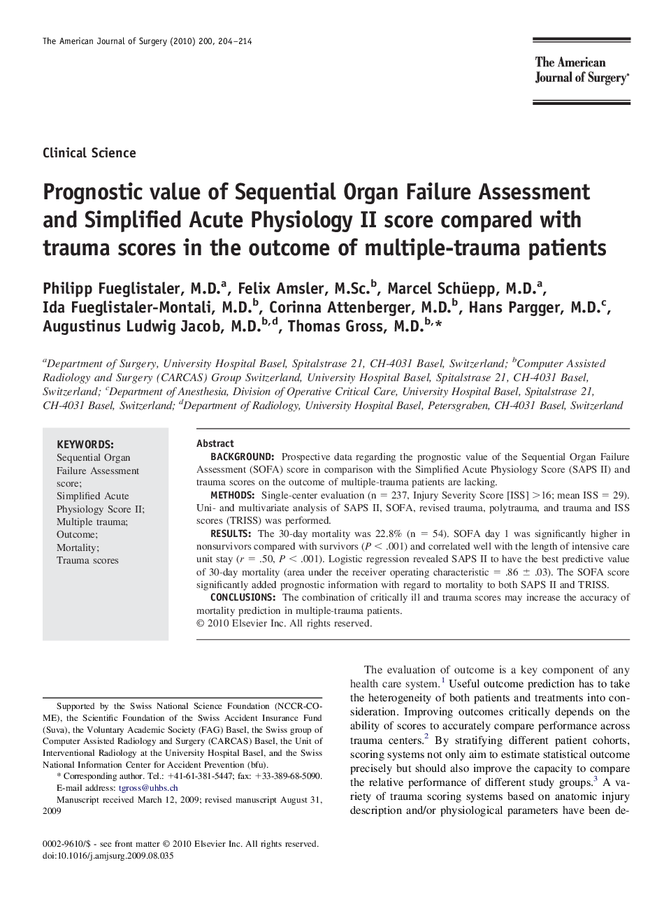 Prognostic value of Sequential Organ Failure Assessment and Simplified Acute Physiology II score compared with trauma scores in the outcome of multiple-trauma patients 