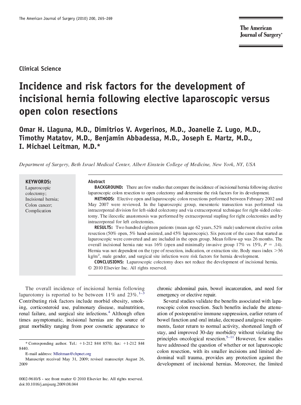 عکس صفحه اول مقاله: Incidence and risk factors for the development of incisional hernia following elective laparoscopic versus open colon resections Incidence and risk factors for the development of incisional hernia following elective laparoscopic versus open colon resections