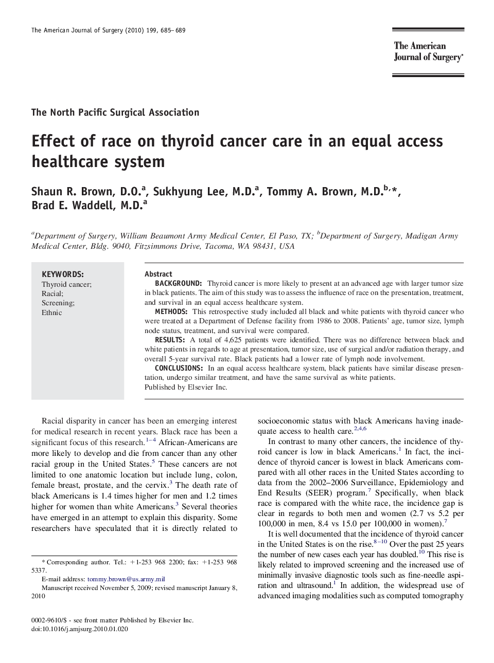 Effect of race on thyroid cancer care in an equal access healthcare system