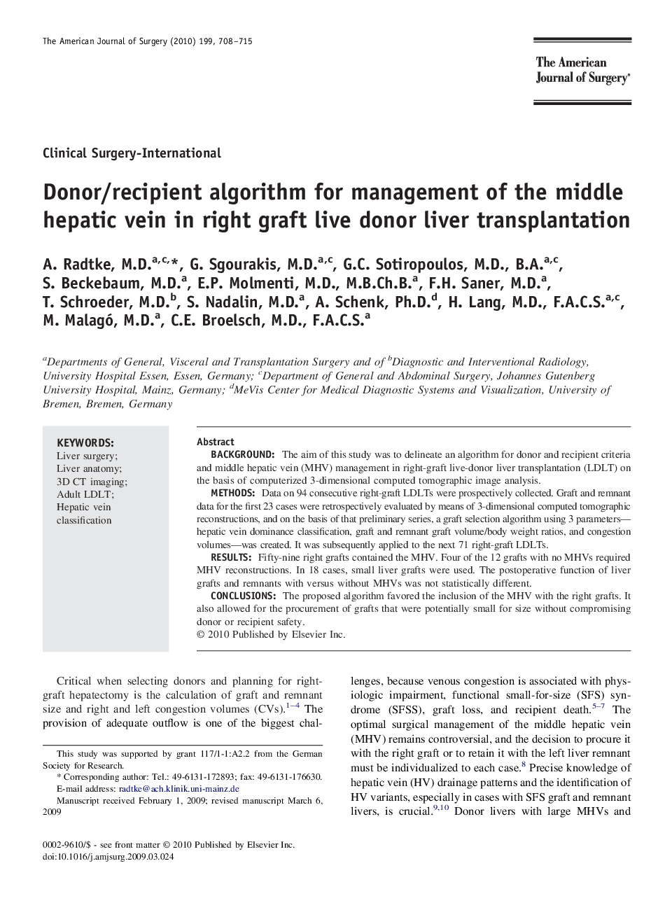 Donor/recipient algorithm for management of the middle hepatic vein in right graft live donor liver transplantation 