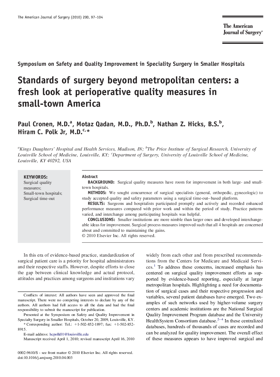 Standards of surgery beyond metropolitan centers: a fresh look at perioperative quality measures in small-town America 