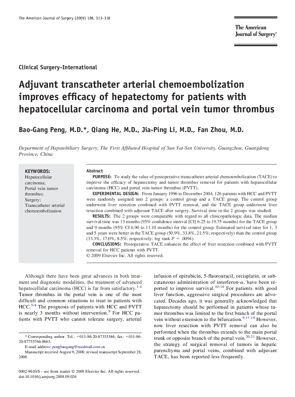 Adjuvant transcatheter arterial chemoembolization improves efficacy of hepatectomy for patients with hepatocellular carcinoma and portal vein tumor thrombus