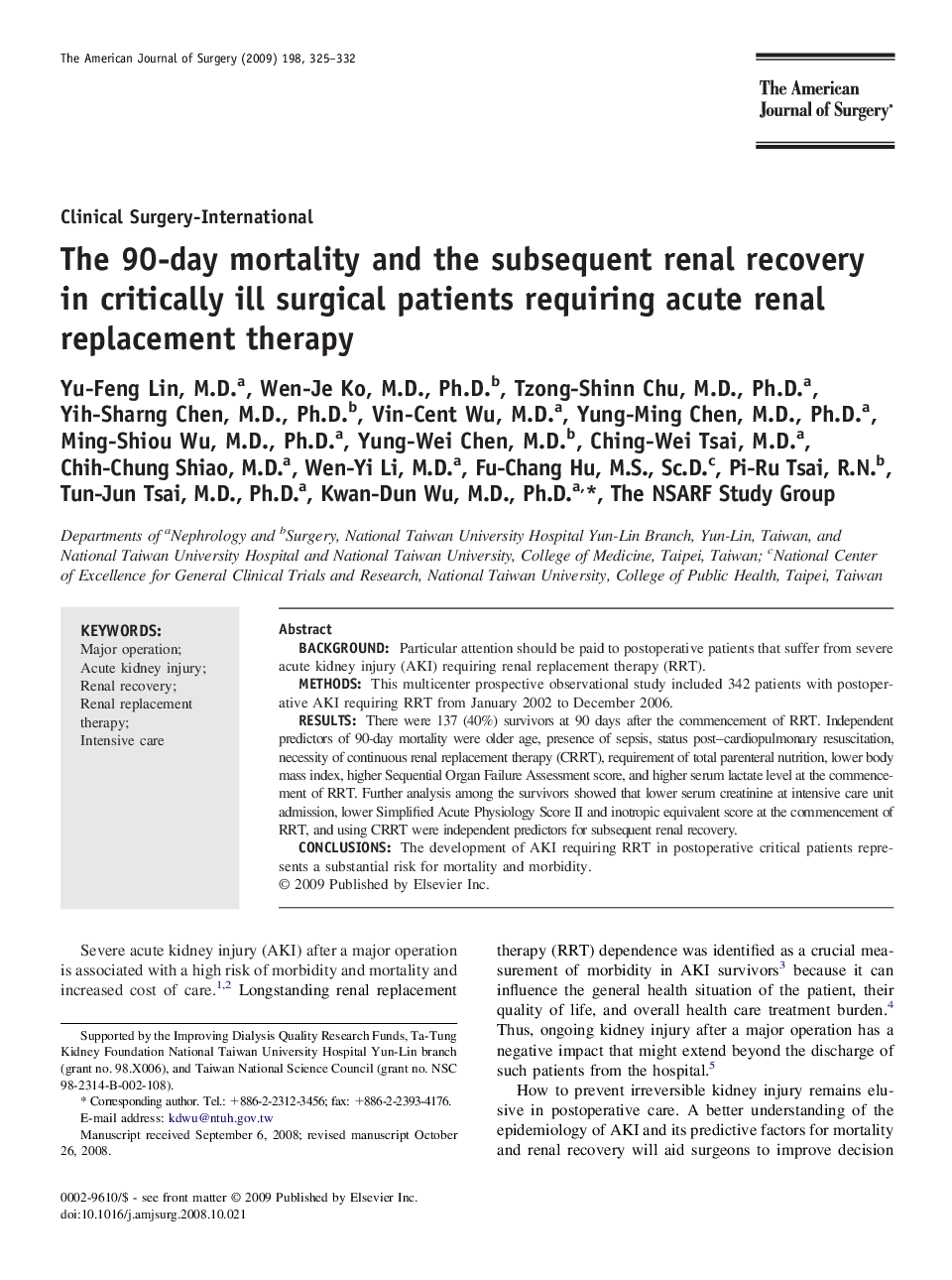 The 90-day mortality and the subsequent renal recovery in critically ill surgical patients requiring acute renal replacement therapy 