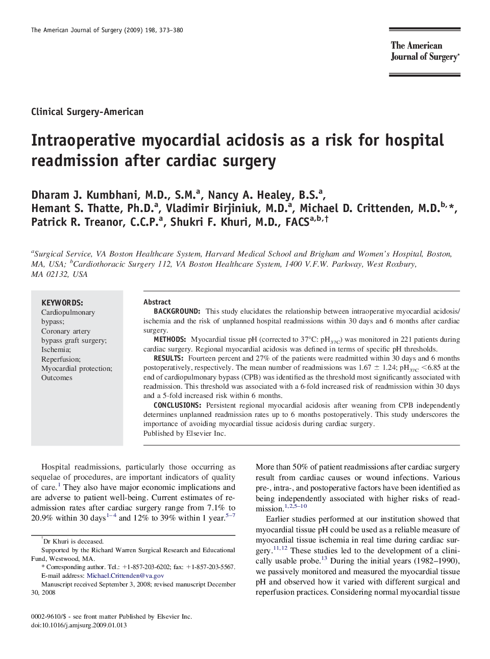 Intraoperative myocardial acidosis as a risk for hospital readmission after cardiac surgery 