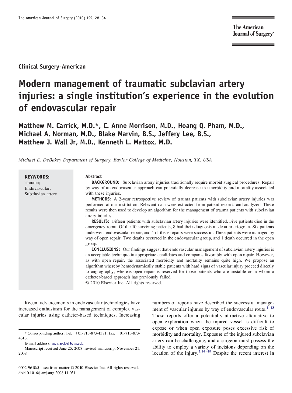 Modern management of traumatic subclavian artery injuries: a single institution's experience in the evolution of endovascular repair