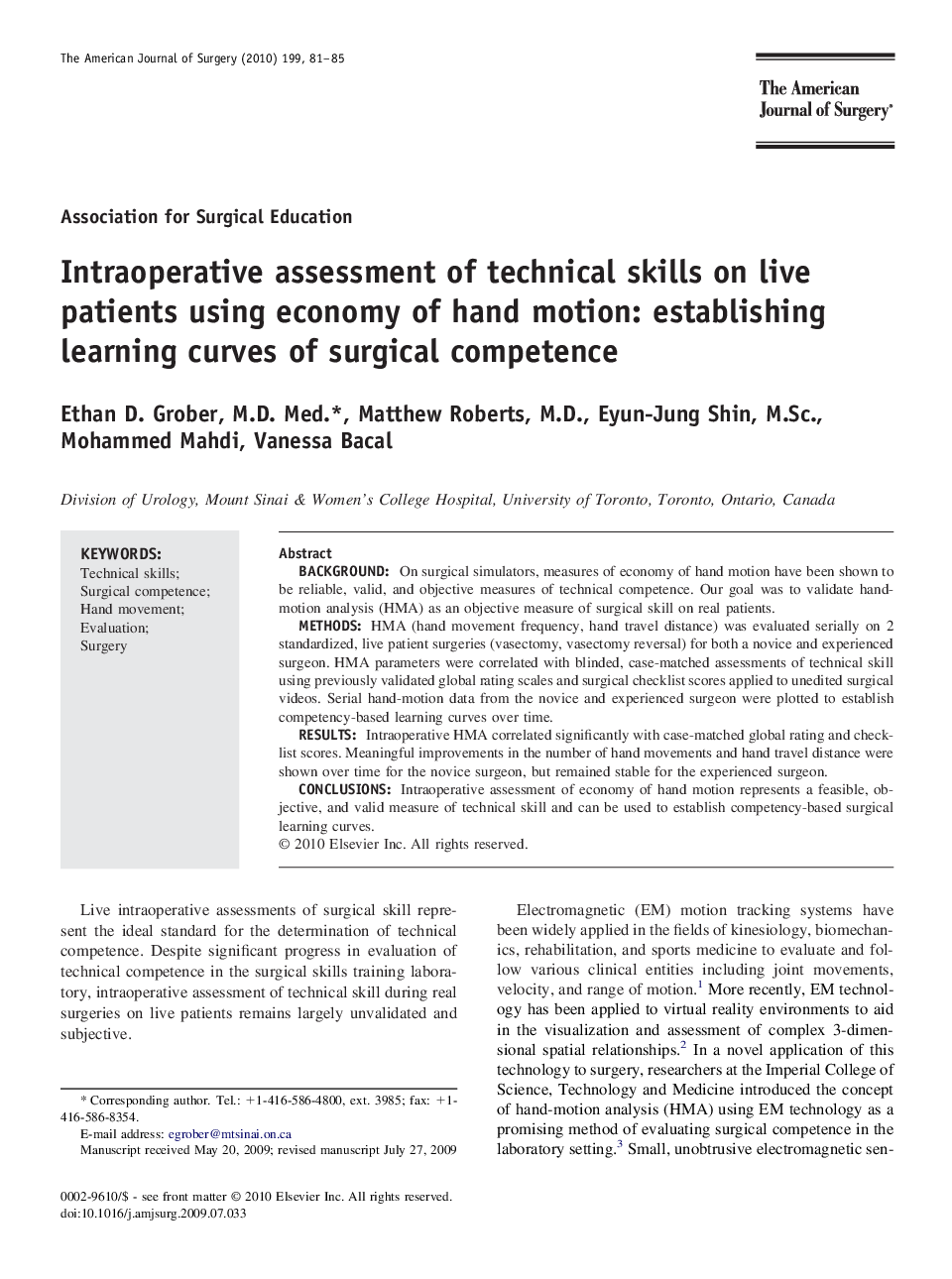 Intraoperative assessment of technical skills on live patients using economy of hand motion: establishing learning curves of surgical competence