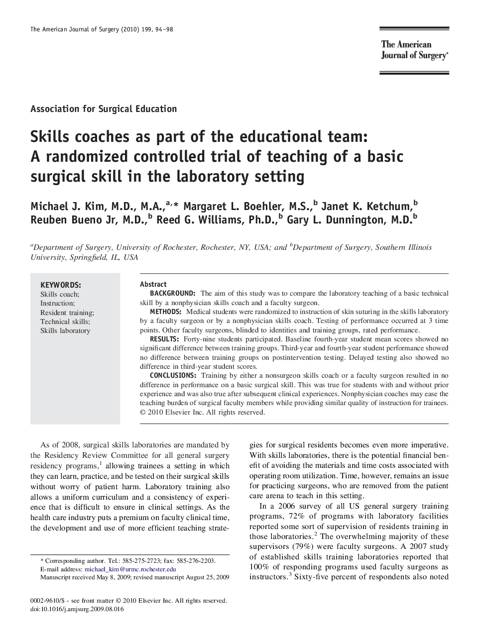 Skills coaches as part of the educational team: A randomized controlled trial of teaching of a basic surgical skill in the laboratory setting