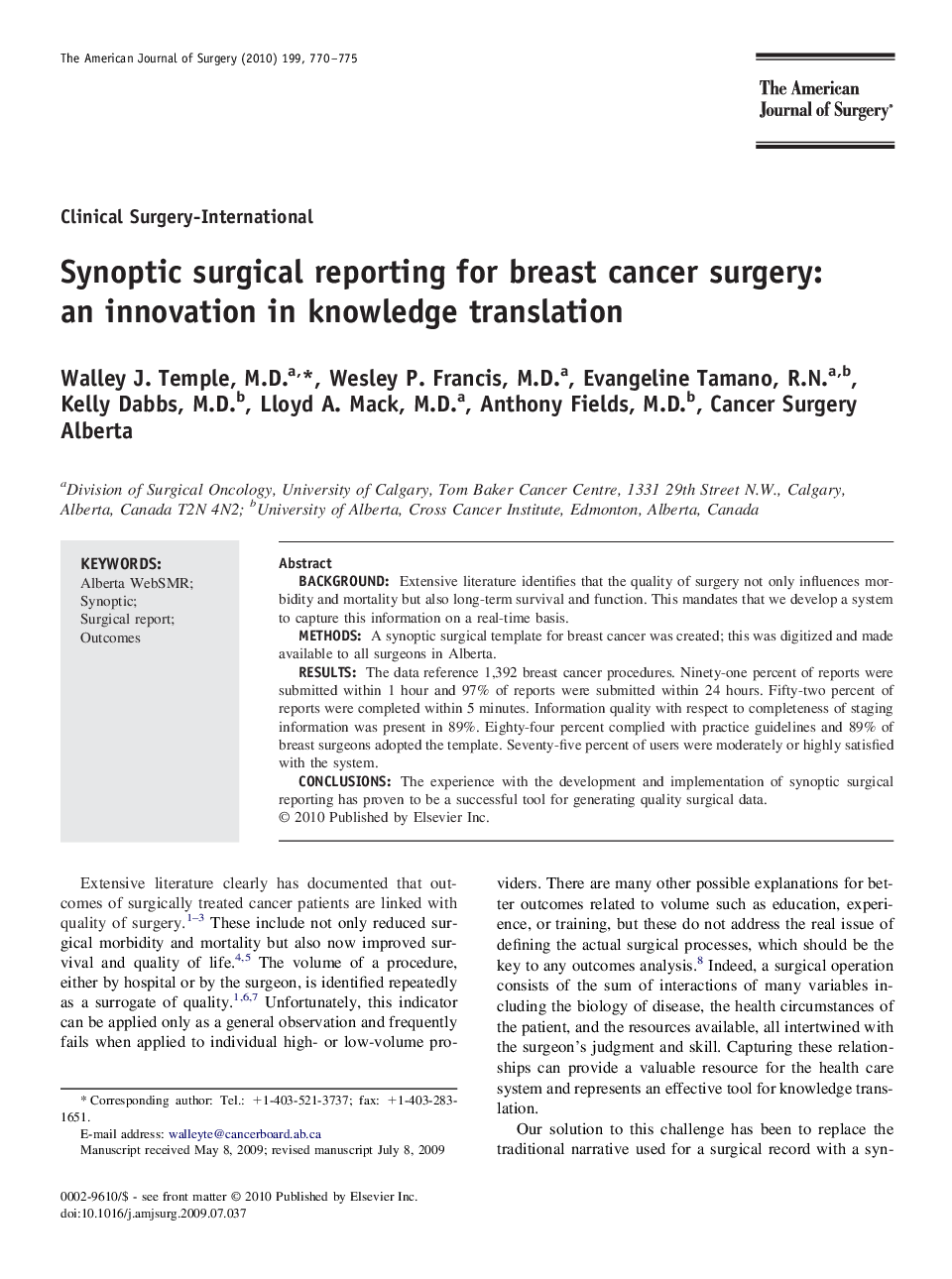 Synoptic surgical reporting for breast cancer surgery: an innovation in knowledge translation