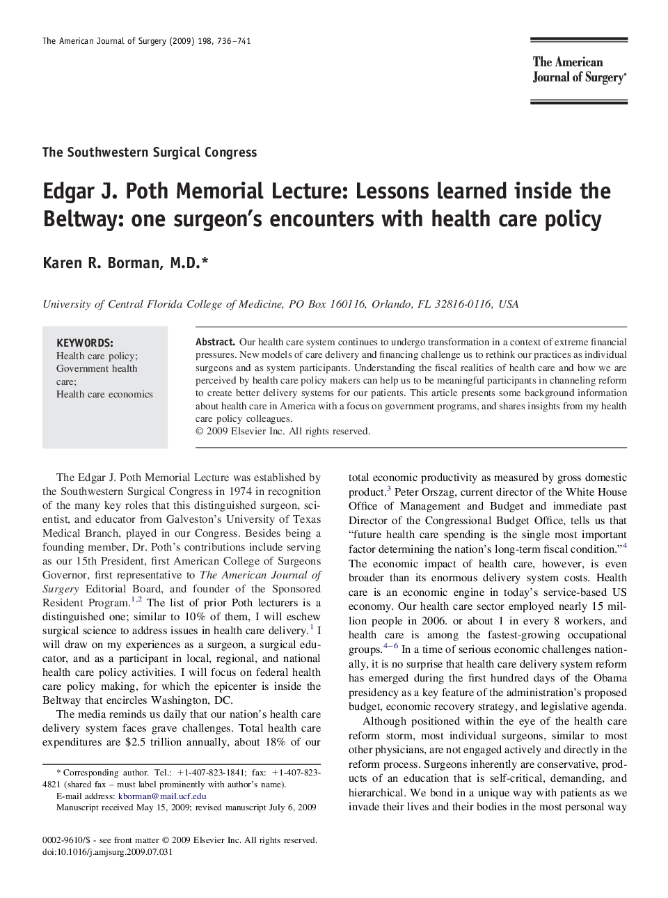 Edgar J. Poth Memorial Lecture: Lessons learned inside the Beltway: one surgeon's encounters with health care policy