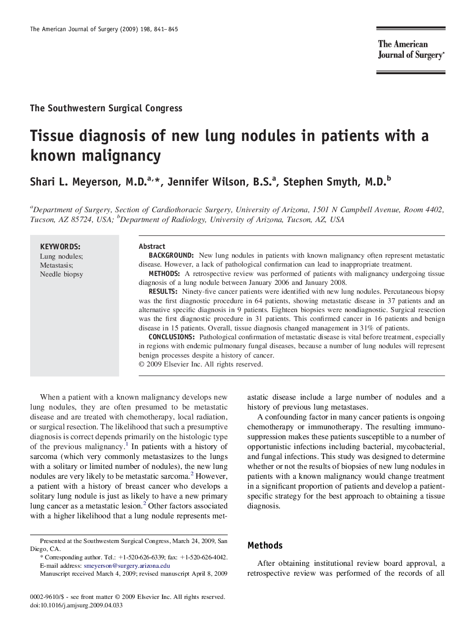 Tissue diagnosis of new lung nodules in patients with a known malignancy