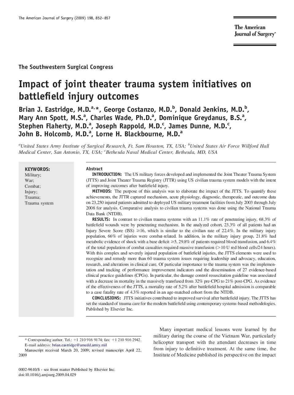 Impact of joint theater trauma system initiatives on battlefield injury outcomes