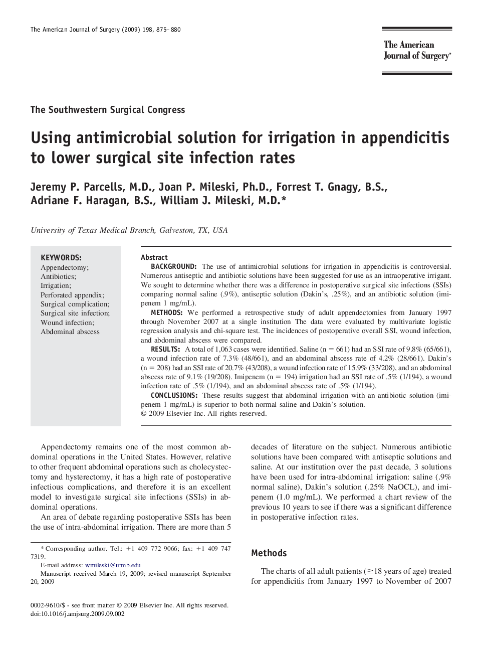 Using antimicrobial solution for irrigation in appendicitis to lower surgical site infection rates