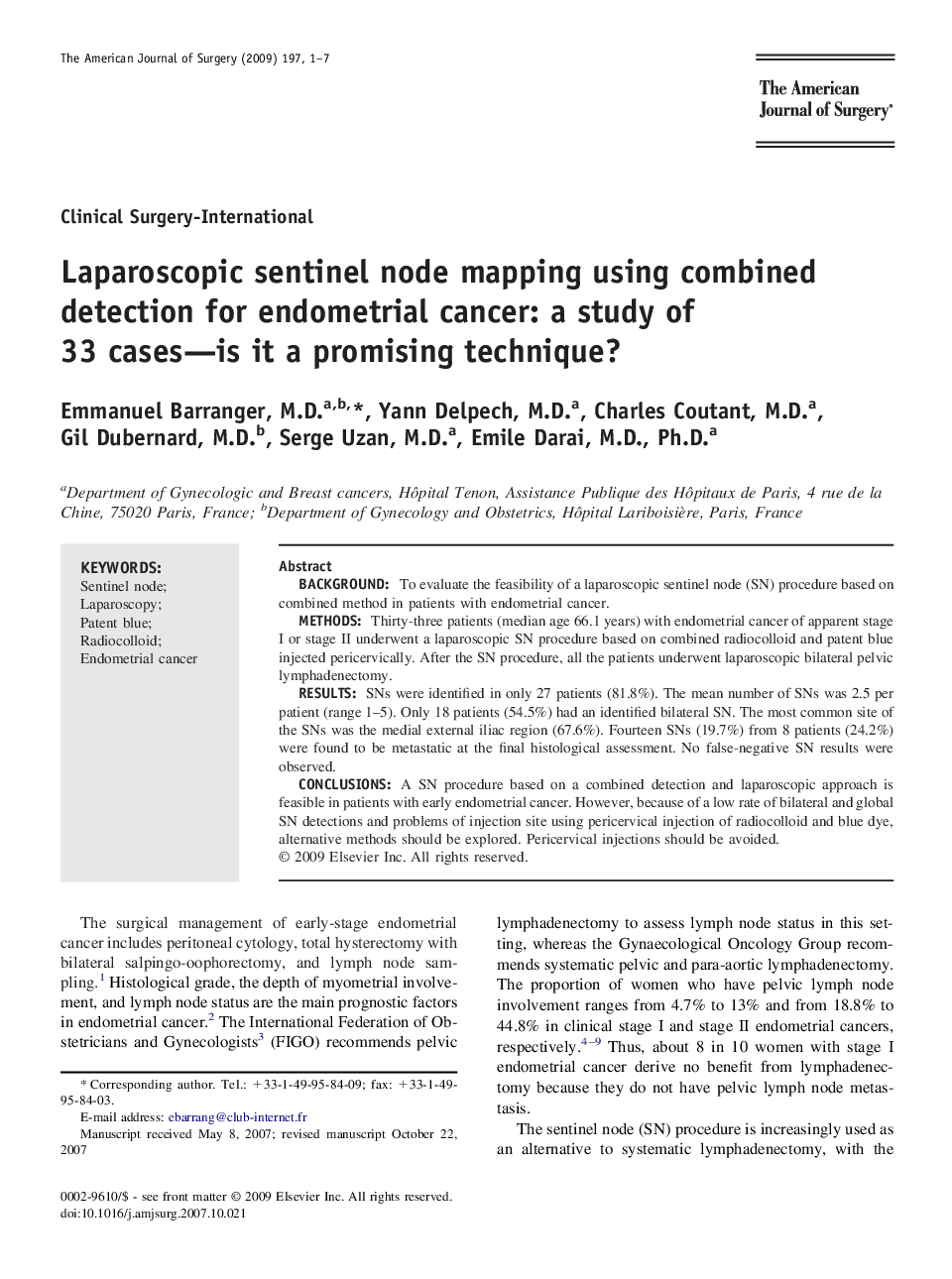 Laparoscopic sentinel node mapping using combined detection for endometrial cancer: a study of 33 cases—is it a promising technique?