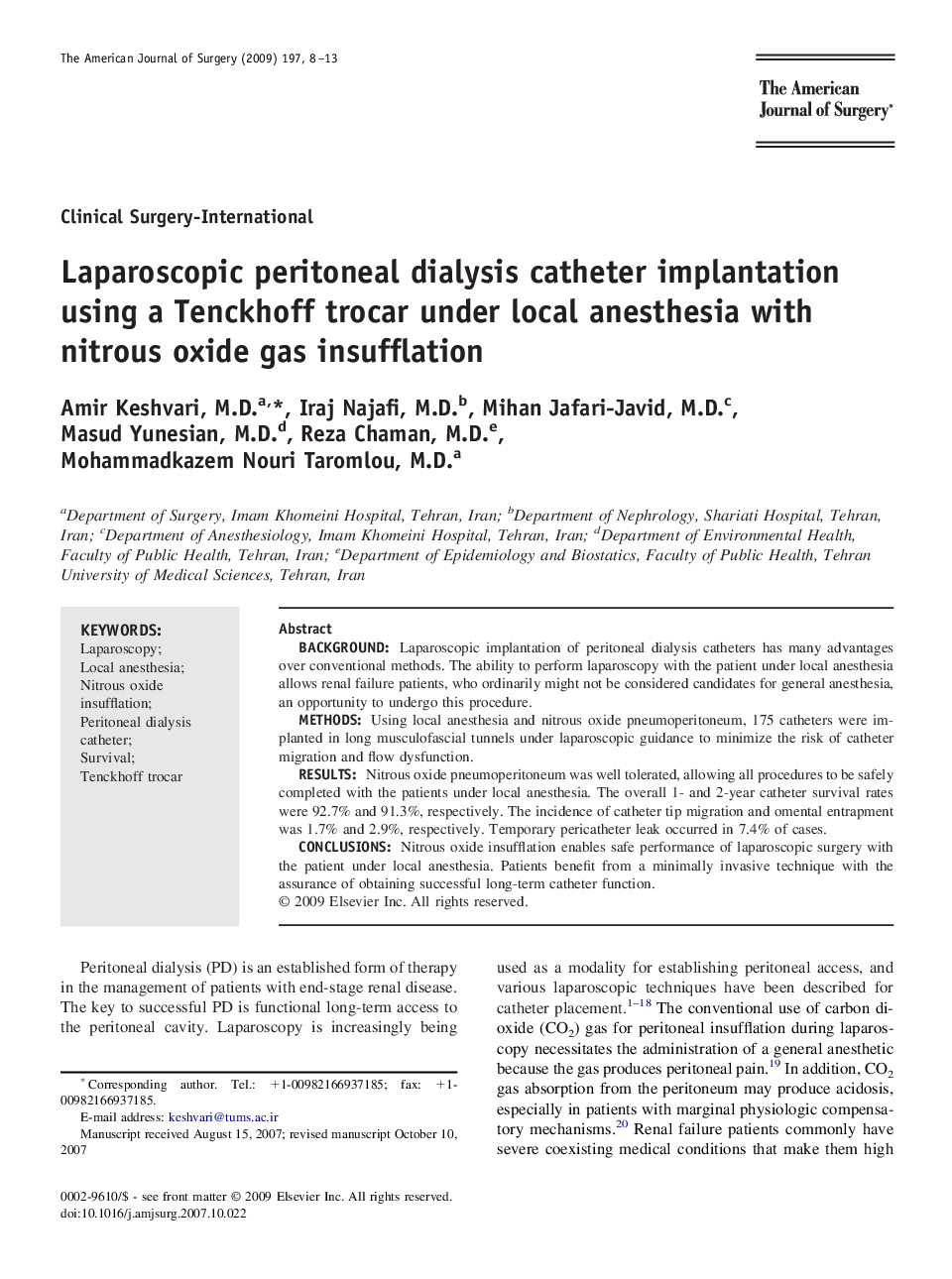 Laparoscopic peritoneal dialysis catheter implantation using a Tenckhoff trocar under local anesthesia with nitrous oxide gas insufflation