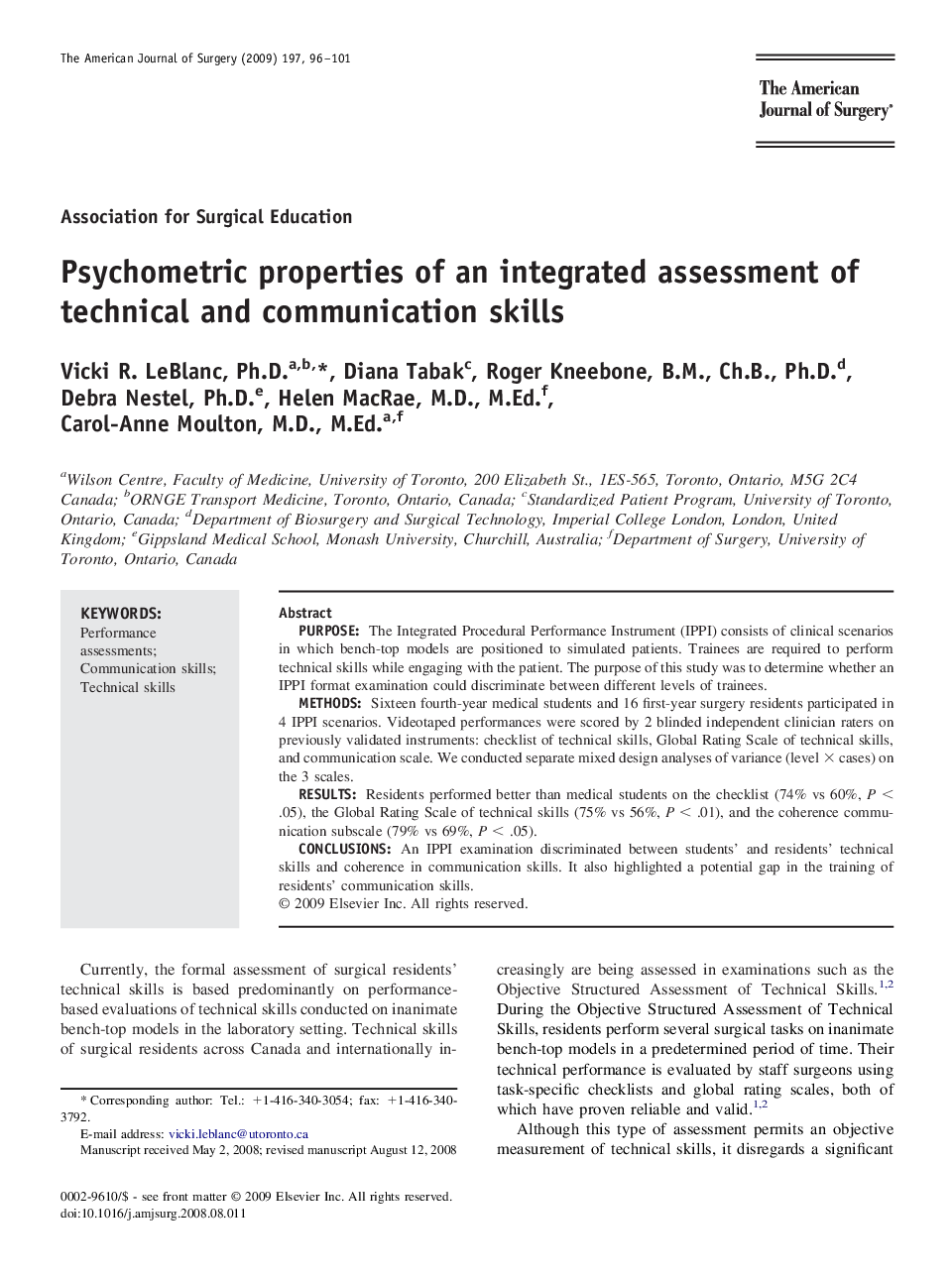 Psychometric properties of an integrated assessment of technical and communication skills