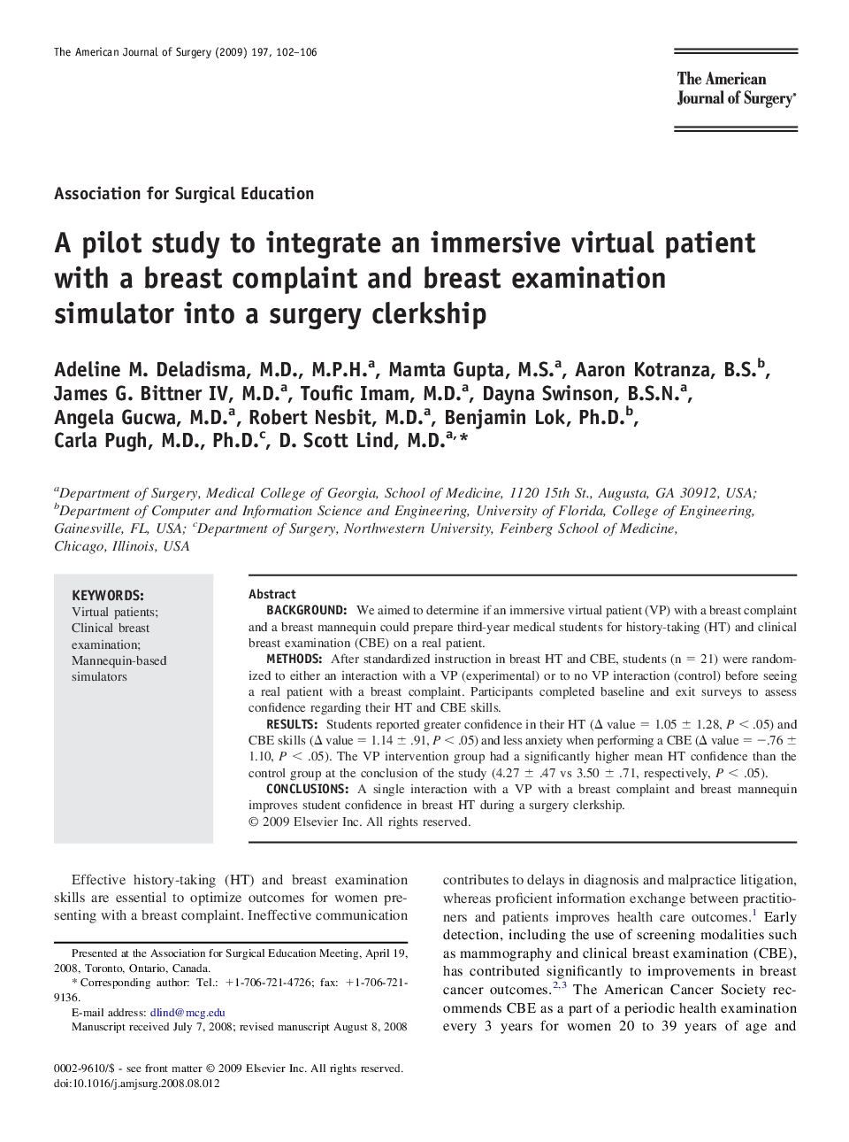 A pilot study to integrate an immersive virtual patient with a breast complaint and breast examination simulator into a surgery clerkship