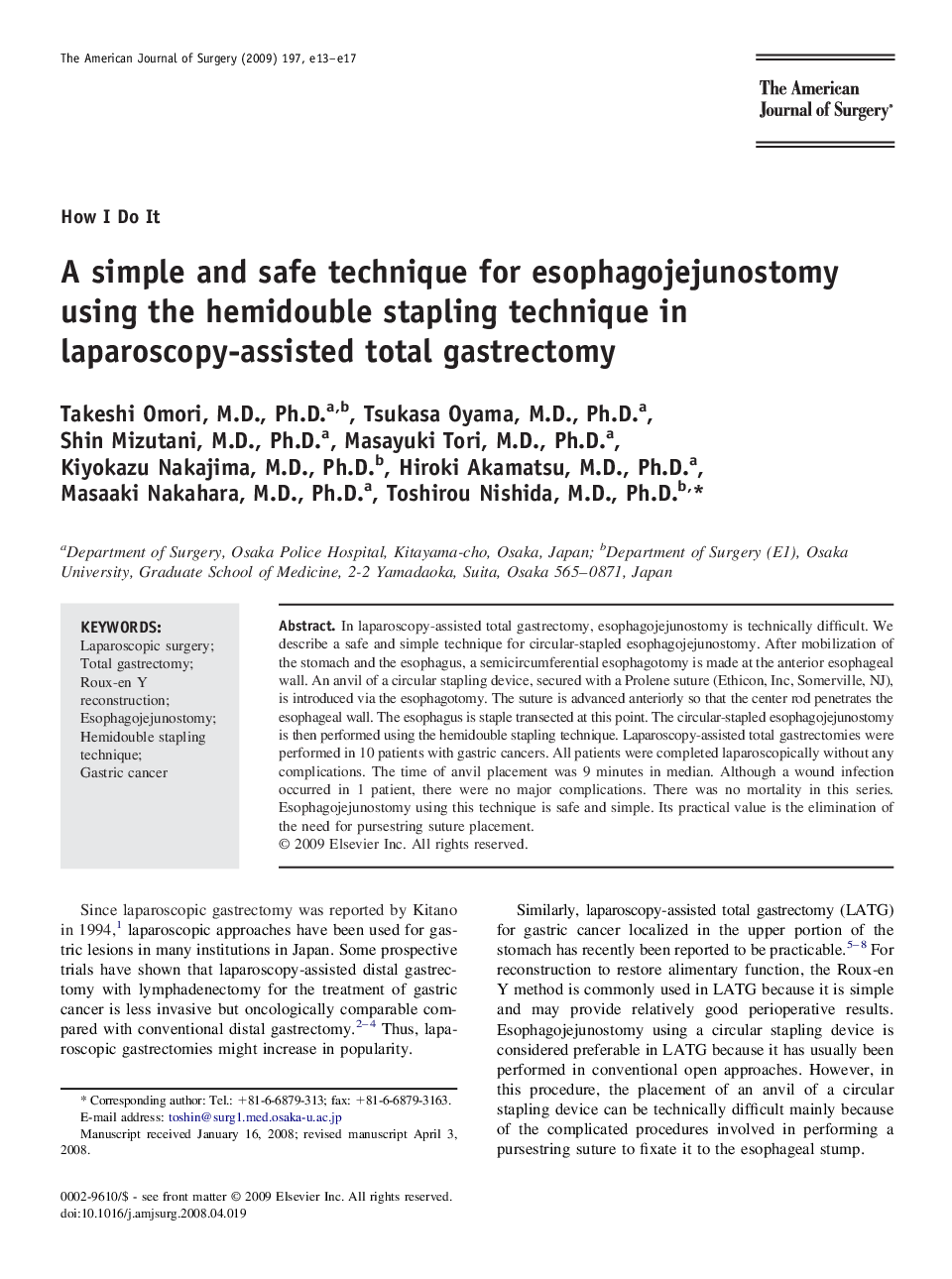 A simple and safe technique for esophagojejunostomy using the hemidouble stapling technique in laparoscopy-assisted total gastrectomy