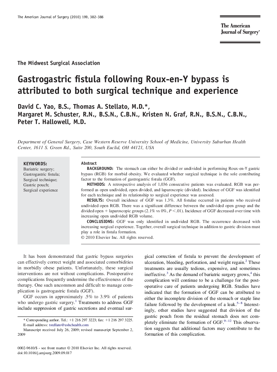 Gastrogastric fistula following Roux-en-Y bypass is attributed to both surgical technique and experience