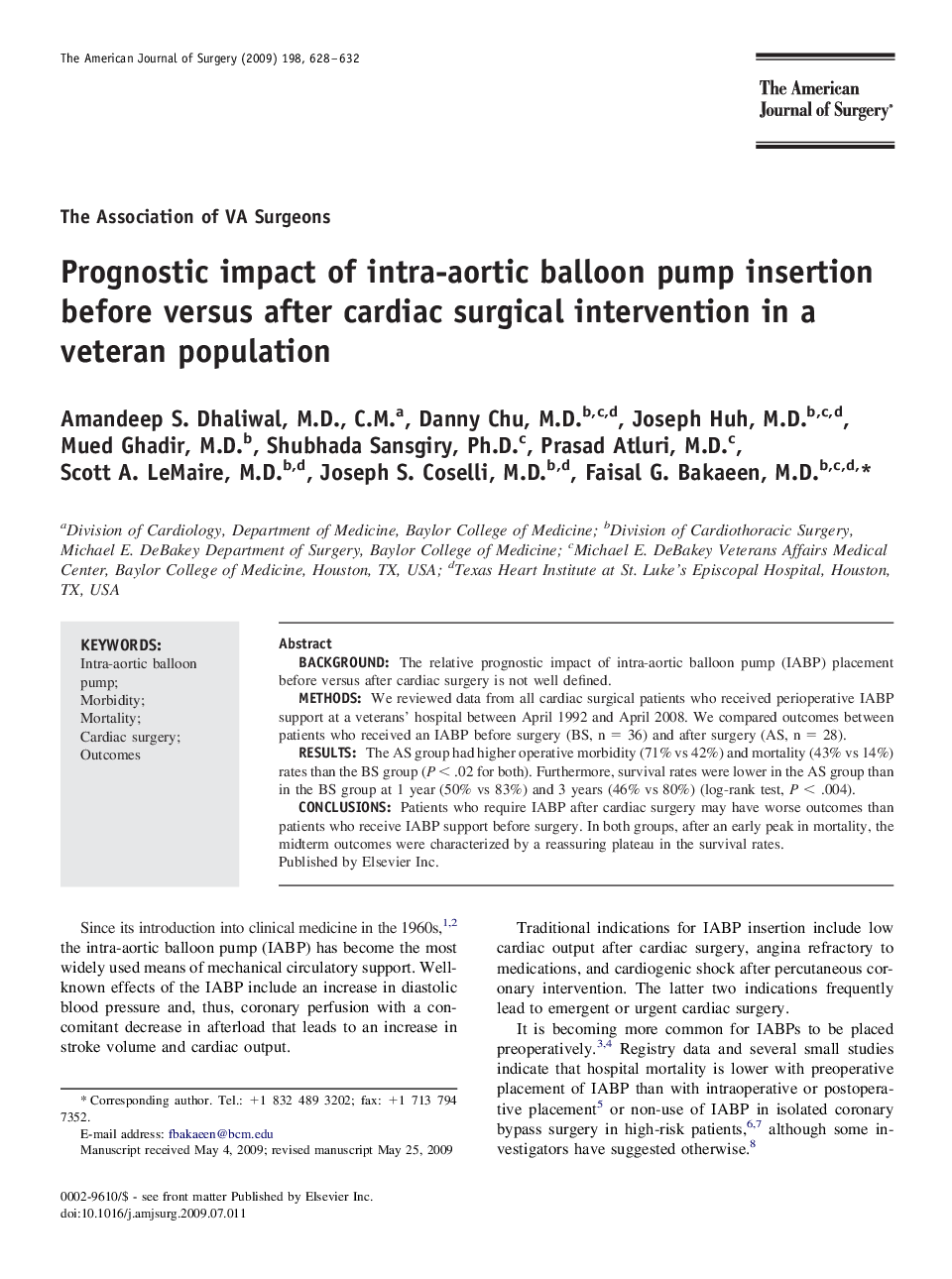 Prognostic impact of intra-aortic balloon pump insertion before versus after cardiac surgical intervention in a veteran population