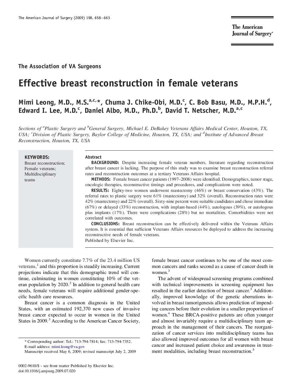 Effective breast reconstruction in female veterans