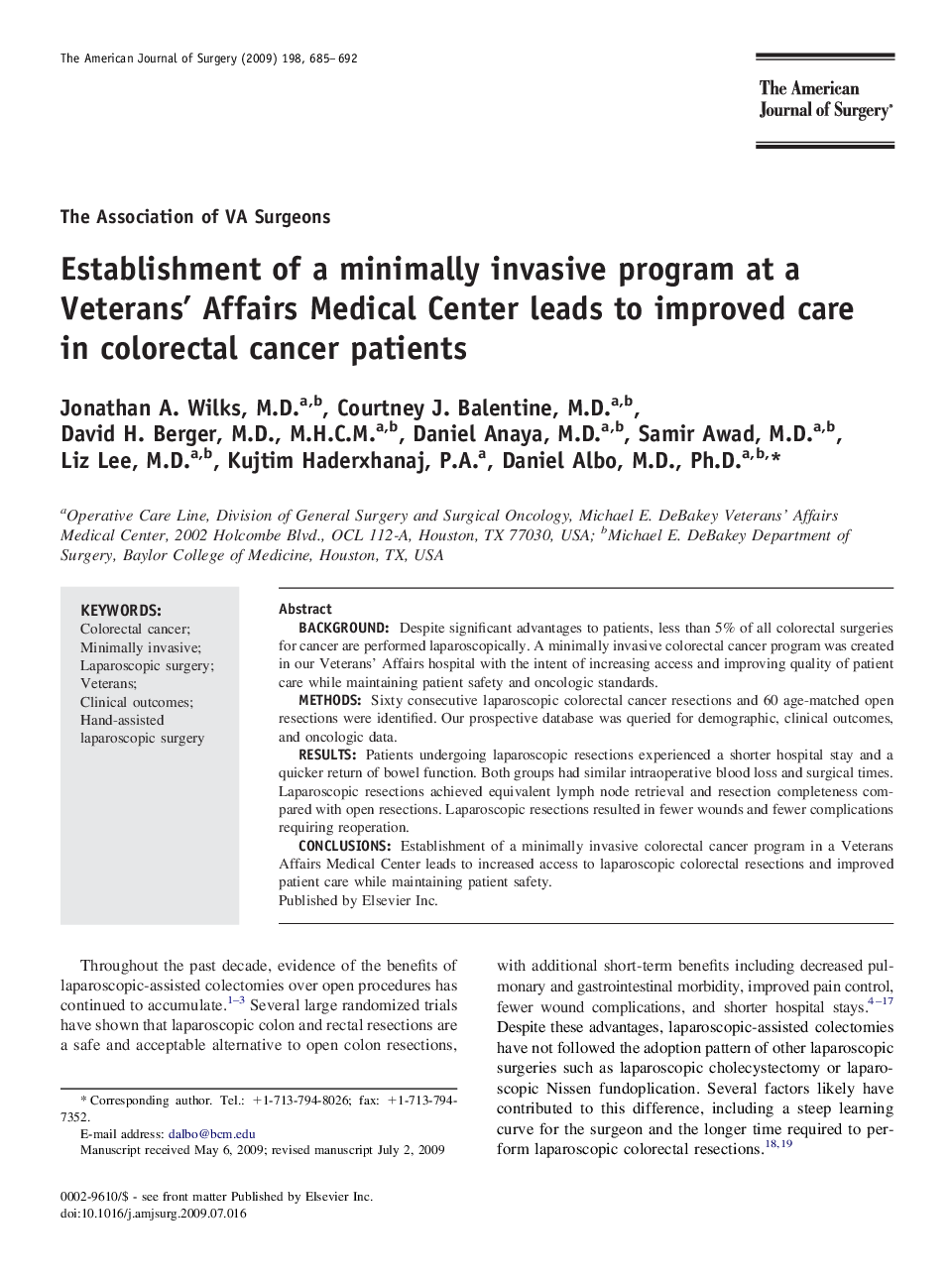 Establishment of a minimally invasive program at a Veterans' Affairs Medical Center leads to improved care in colorectal cancer patients