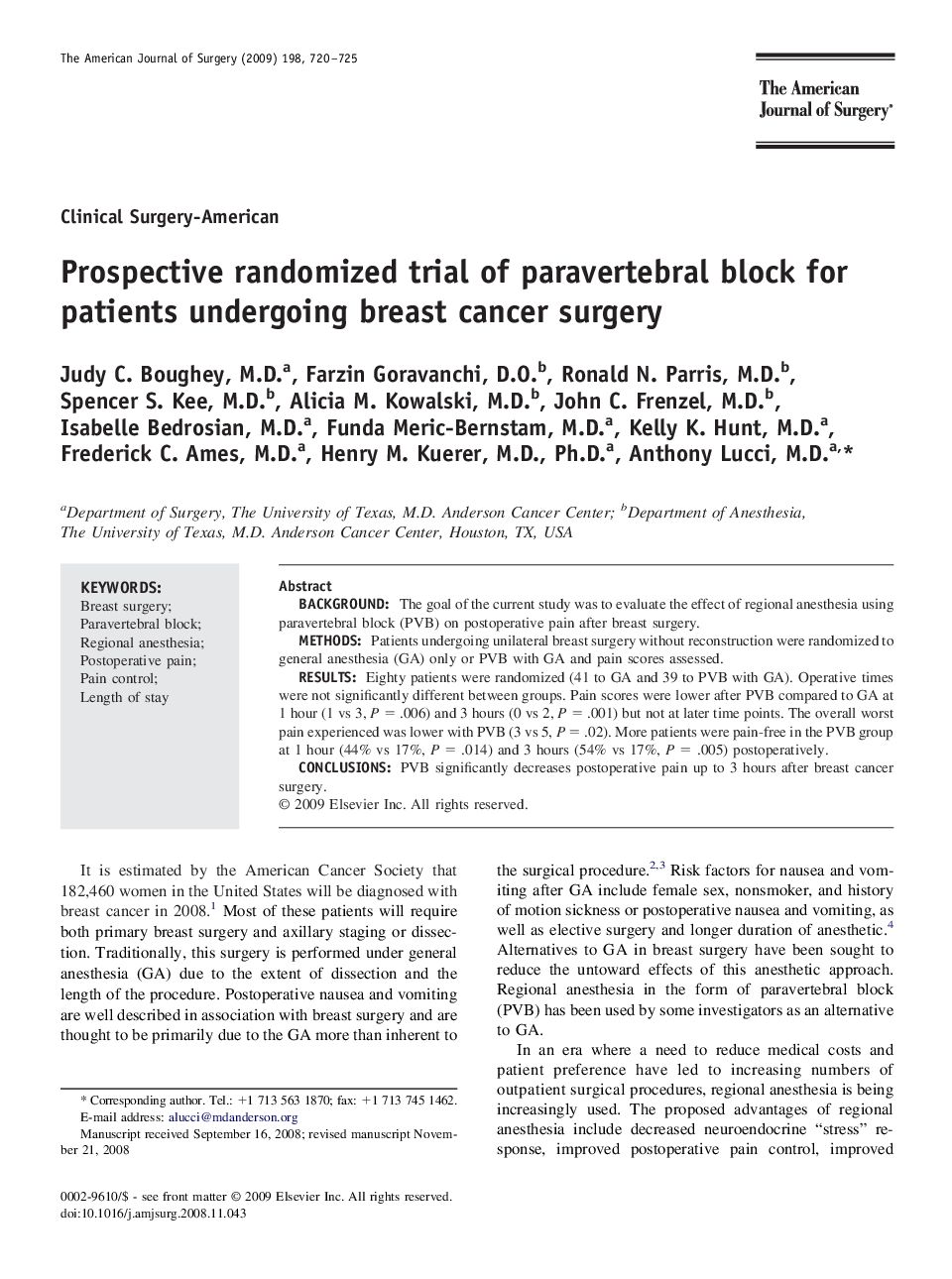 Prospective randomized trial of paravertebral block for patients undergoing breast cancer surgery