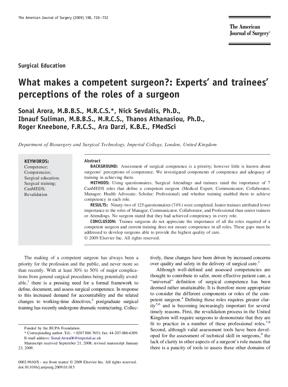 What makes a competent surgeon?: Experts' and trainees' perceptions of the roles of a surgeon 
