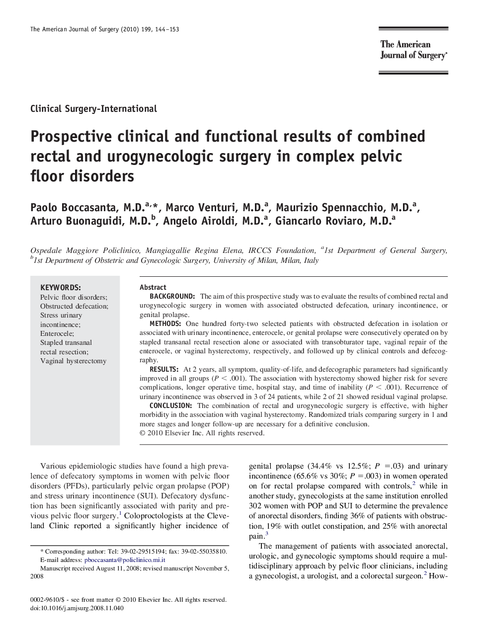 Prospective clinical and functional results of combined rectal and urogynecologic surgery in complex pelvic floor disorders