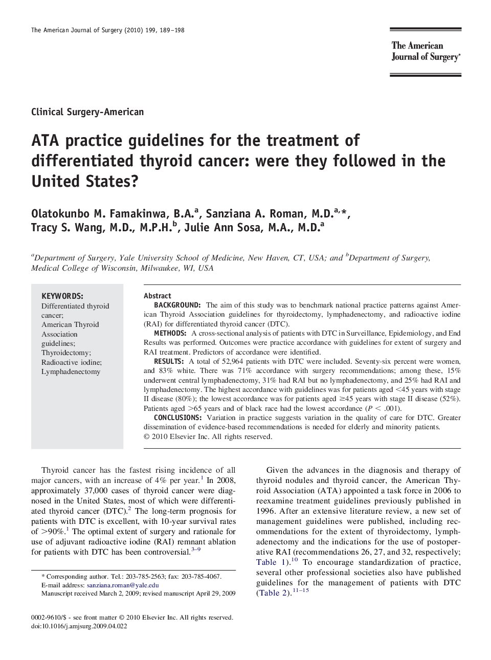 ATA practice guidelines for the treatment of differentiated thyroid cancer: were they followed in the United States?