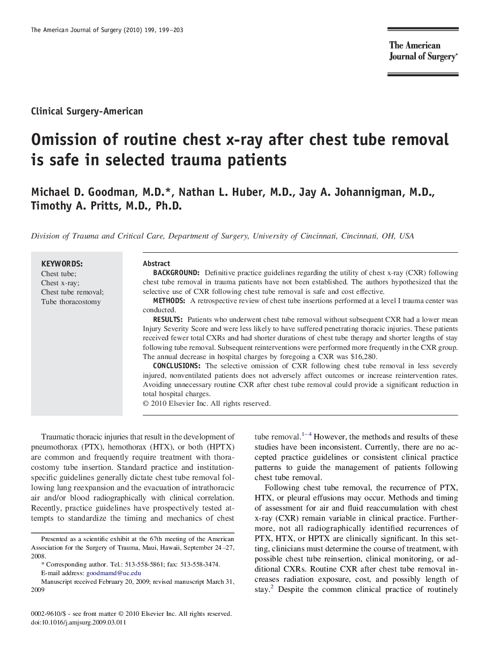 Omission of routine chest x-ray after chest tube removal is safe in selected trauma patients