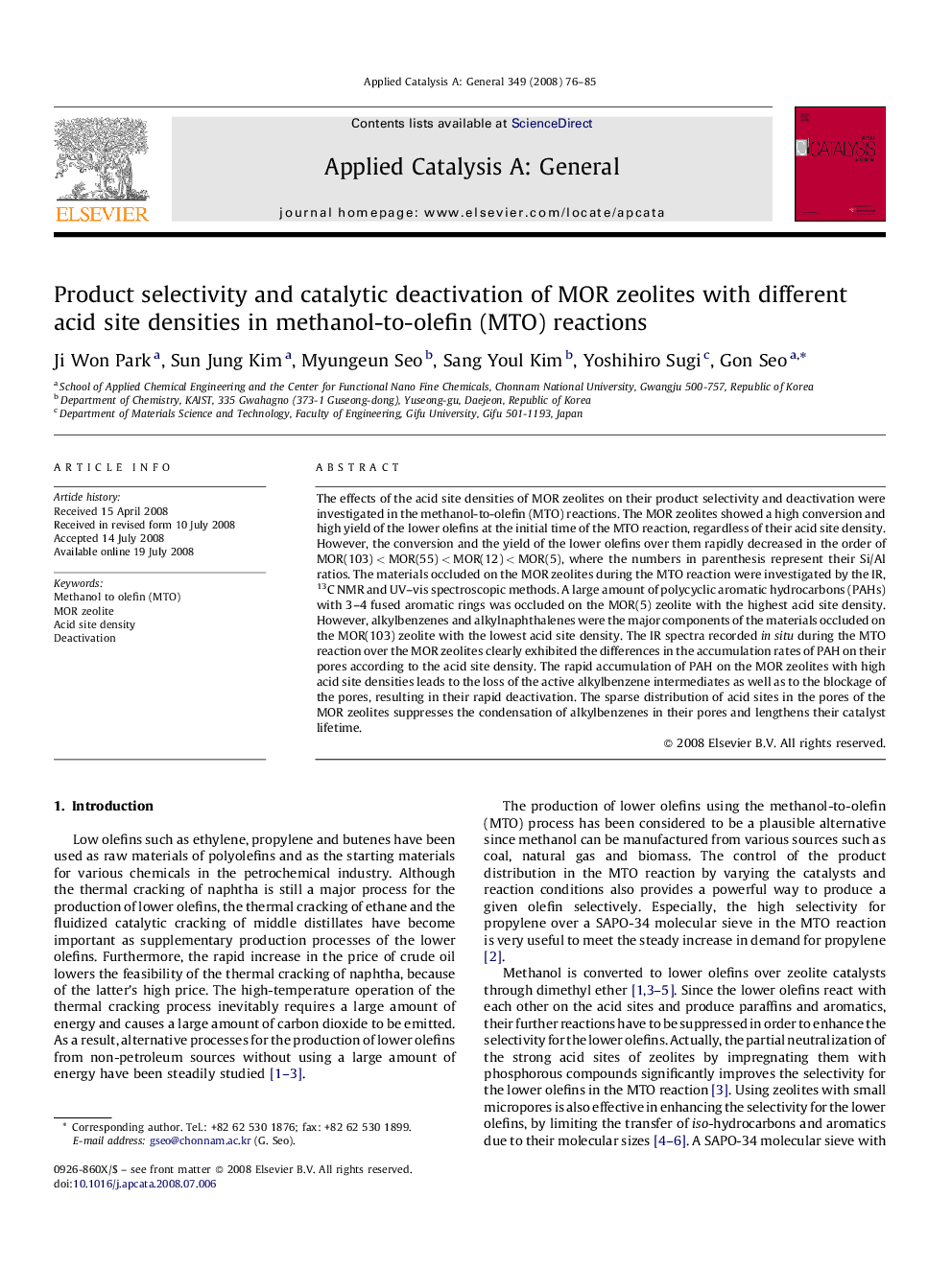 Product selectivity and catalytic deactivation of MOR zeolites with different acid site densities in methanol-to-olefin (MTO) reactions