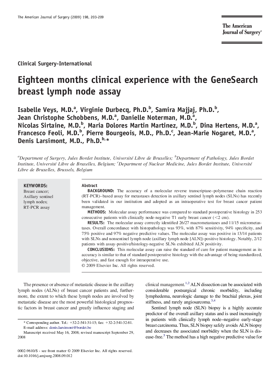 Eighteen months clinical experience with the GeneSearch breast lymph node assay