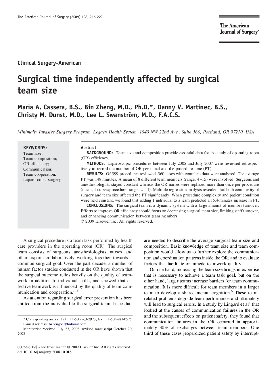 Surgical time independently affected by surgical team size