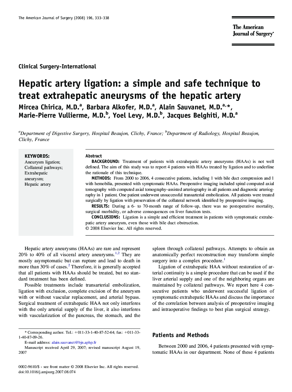 Hepatic artery ligation: a simple and safe technique to treat extrahepatic aneurysms of the hepatic artery