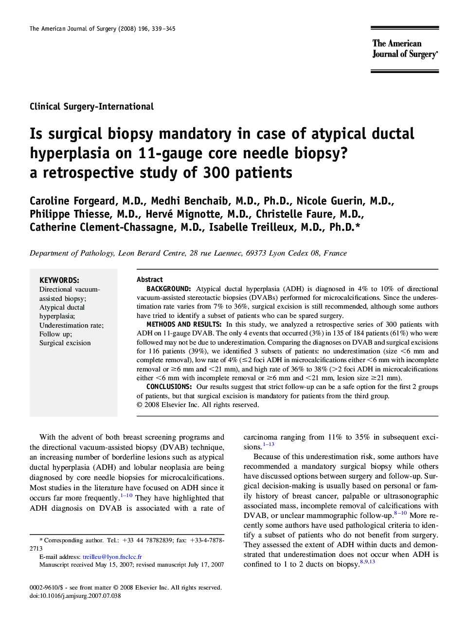 Is surgical biopsy mandatory in case of atypical ductal hyperplasia on 11-gauge core needle biopsy? a retrospective study of 300 patients