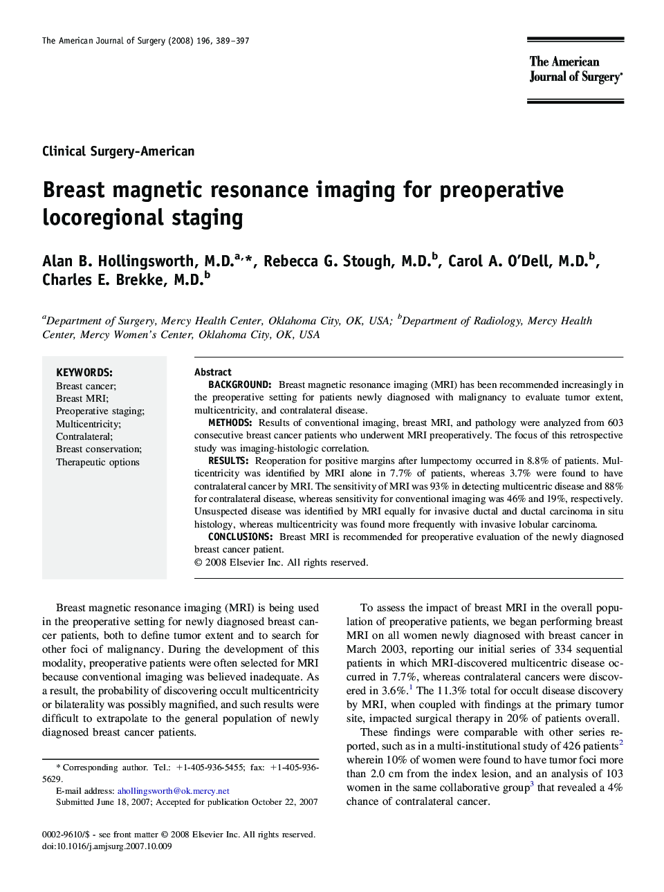 Breast magnetic resonance imaging for preoperative locoregional staging