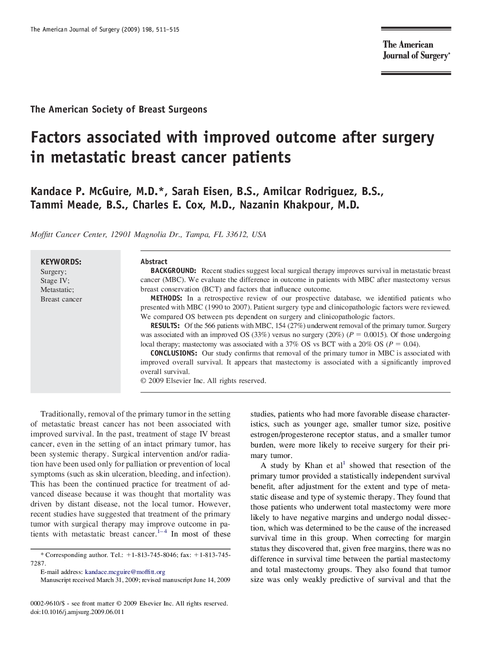 Factors associated with improved outcome after surgery in metastatic breast cancer patients