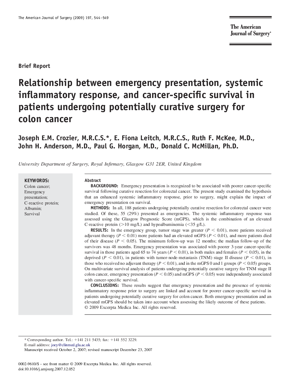 عکس صفحه اول مقاله: Relationship between emergency presentation, systemic inflammatory response, and cancer-specific survival in patients undergoing potentially curative surgery for colon cancer Relationship between emergency presentation, systemic inflammatory response, and cancer-specific survival in patients undergoing potentially curative surgery for colon cancer