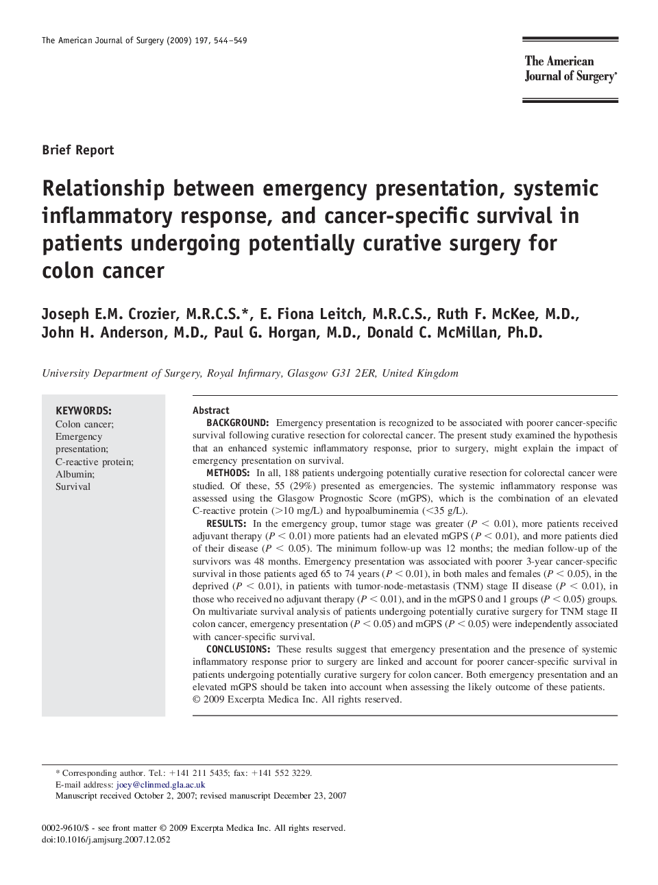 Relationship between emergency presentation, systemic inflammatory response, and cancer-specific survival in patients undergoing potentially curative surgery for colon cancer