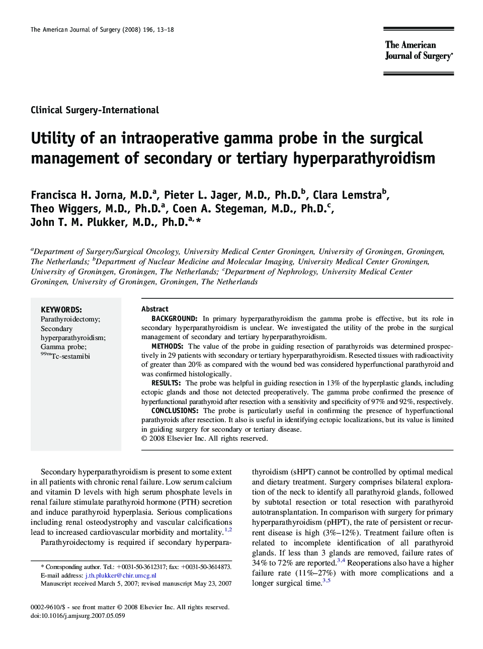 Utility of an intraoperative gamma probe in the surgical management of secondary or tertiary hyperparathyroidism